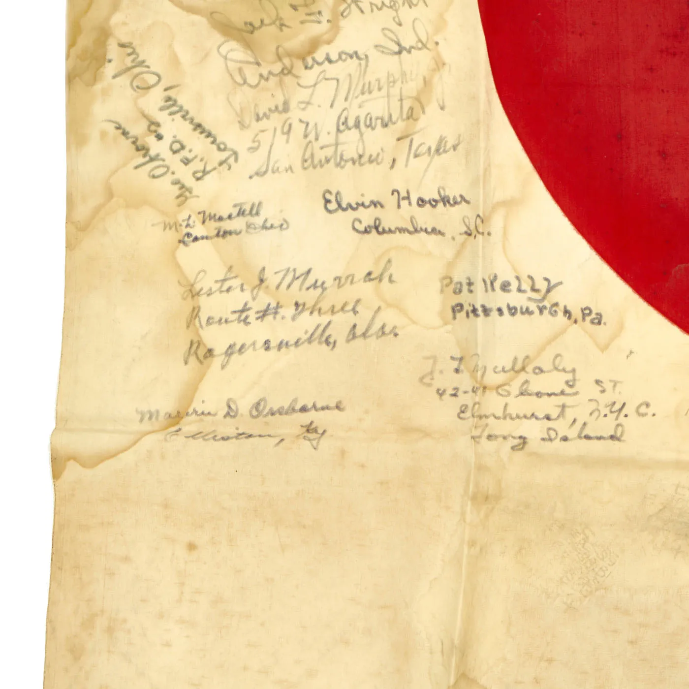 Original Japanese WWII Battle of Iwo Jima Captured 5th Marine Division Signed Flag - Signed by Silver Star Recipient Alfred O’Banion Who Witnessed Medal of Honor Recipient Lt. Jack Lummus’ Actions