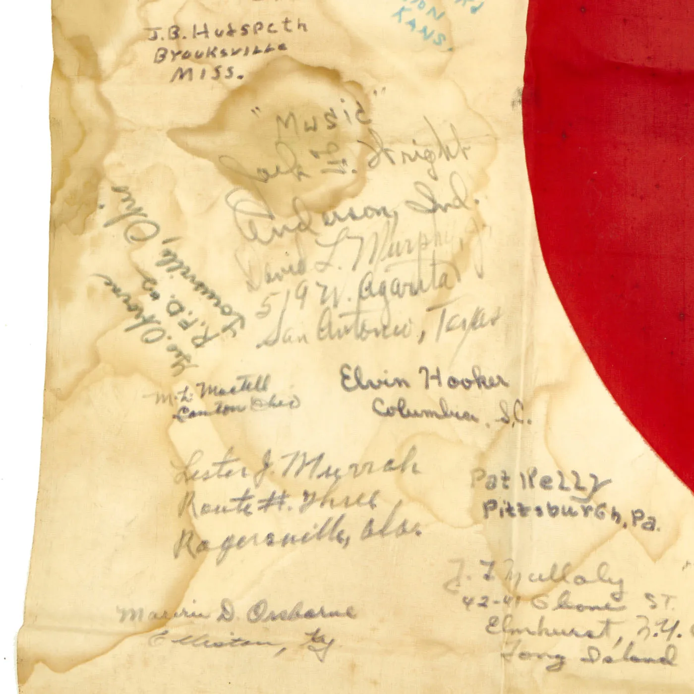 Original Japanese WWII Battle of Iwo Jima Captured 5th Marine Division Signed Flag - Signed by Silver Star Recipient Alfred O’Banion Who Witnessed Medal of Honor Recipient Lt. Jack Lummus’ Actions