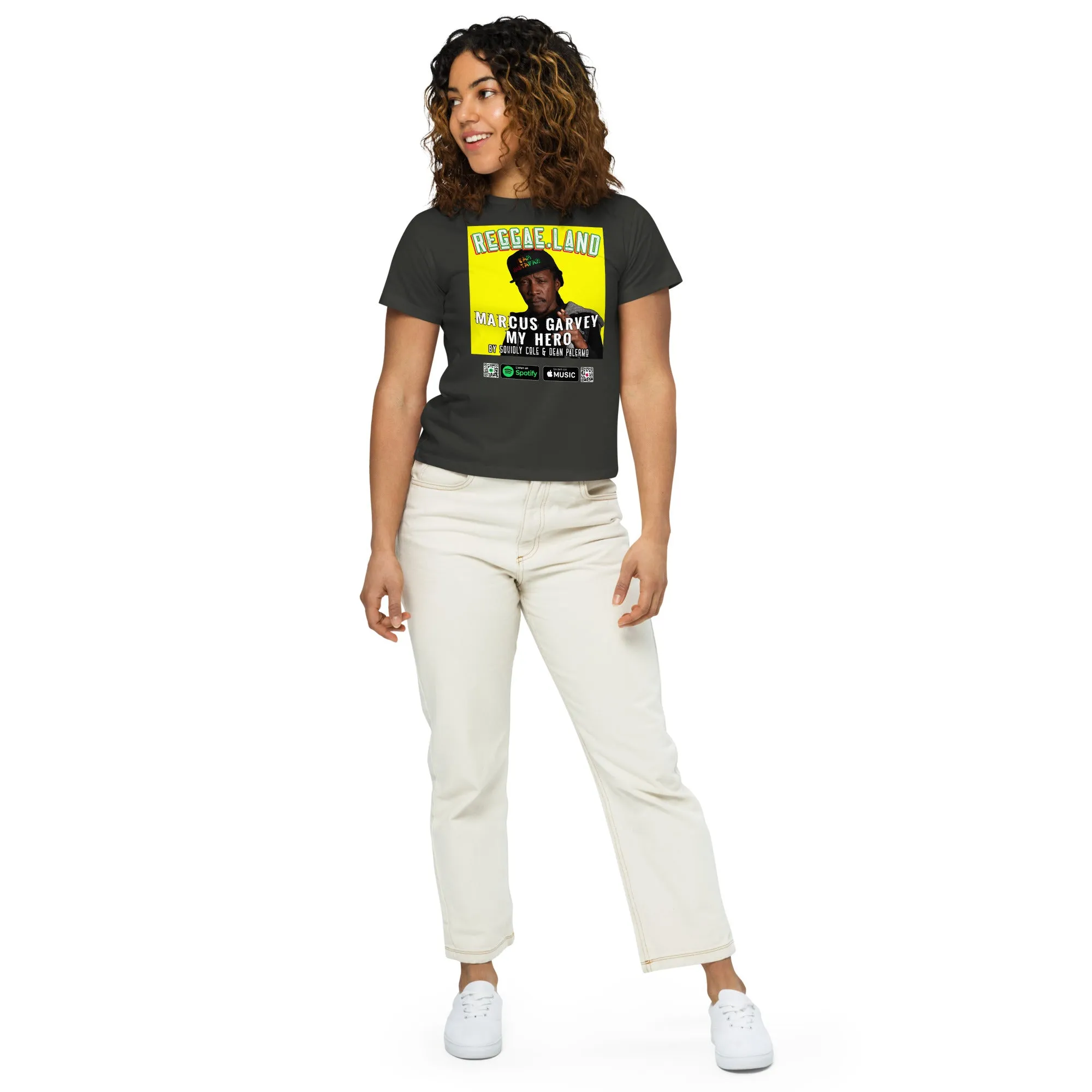 Women’s High-Waisted T-Shirt Reggae.Land Marcus Garvey My Hero 010