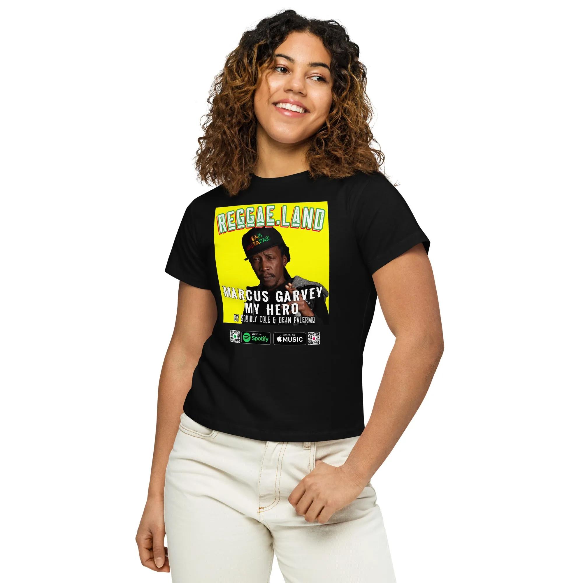 Women’s High-Waisted T-Shirt Reggae.Land Marcus Garvey My Hero 010