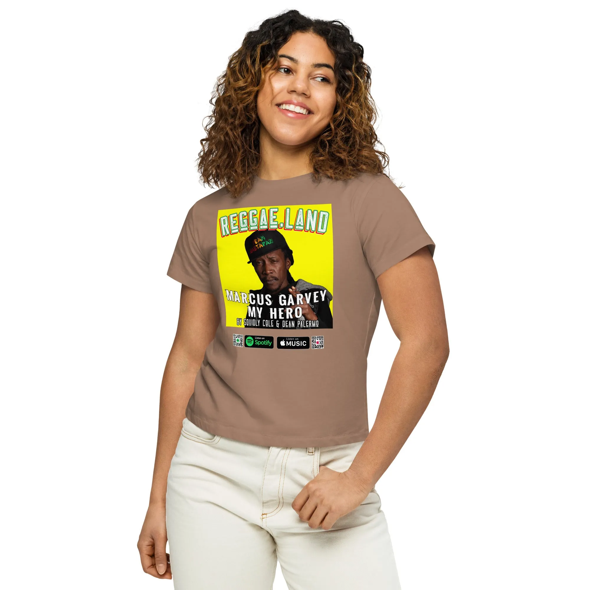 Women’s High-Waisted T-Shirt Reggae.Land Marcus Garvey My Hero 010