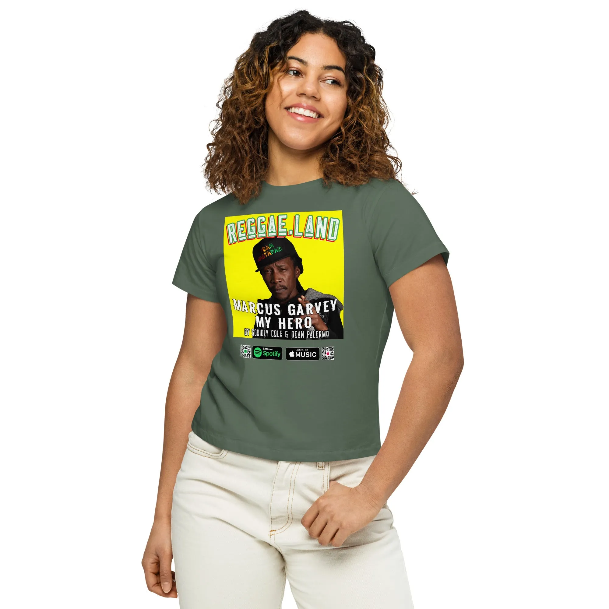 Women’s High-Waisted T-Shirt Reggae.Land Marcus Garvey My Hero 010